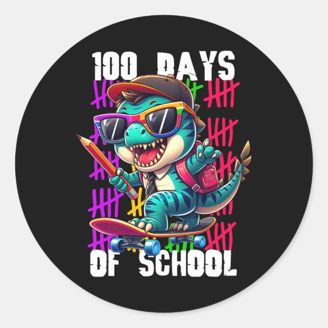 Sticker Rond 100 jours d'école dinosaure skateboard cool  (Devant)