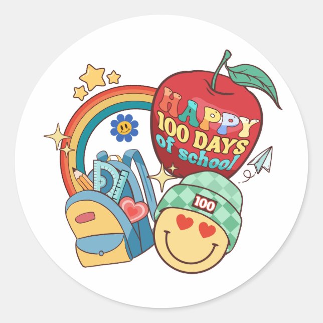 Sticker Rond 100 Jours d'école Joyeux rétro Super (Devant)
