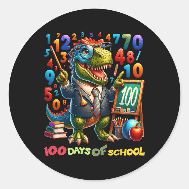 Sticker Rond 100 Jours D'École T-rex Math Amusants Pour Les Ens (Devant)