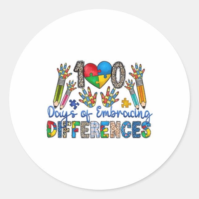 Sticker Rond 100 Jours D'Embrasser Les Différences Autisme 100è (Devant)