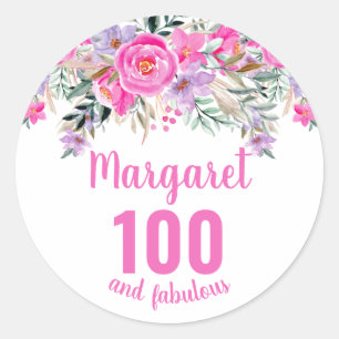 Sticker Rond 100e anniversaire aquarelle rose floral