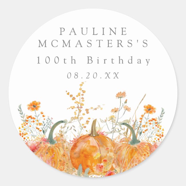 Sticker Rond 100e anniversaire Citrouille Fleur sauvage Personn (Devant)
