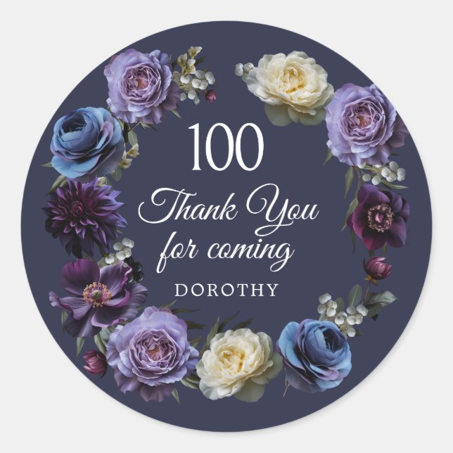 Sticker Rond 100e anniversaire Moody Purple Flower Merci Favor (Devant)
