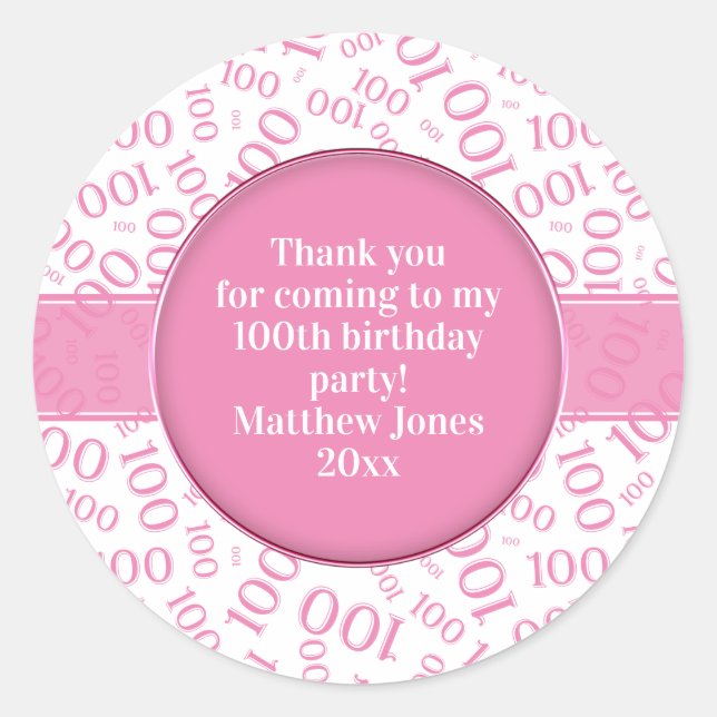 Sticker Rond 100e anniversaire Numéro Motif rose/blanc (Devant)