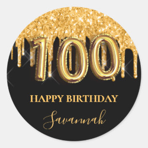 Sticker Rond 100e anniversaire parties scintillant en or noir b