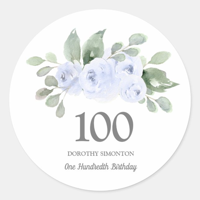 Sticker Rond 100e anniversaire Rose bleu Eucalyptus (Devant)