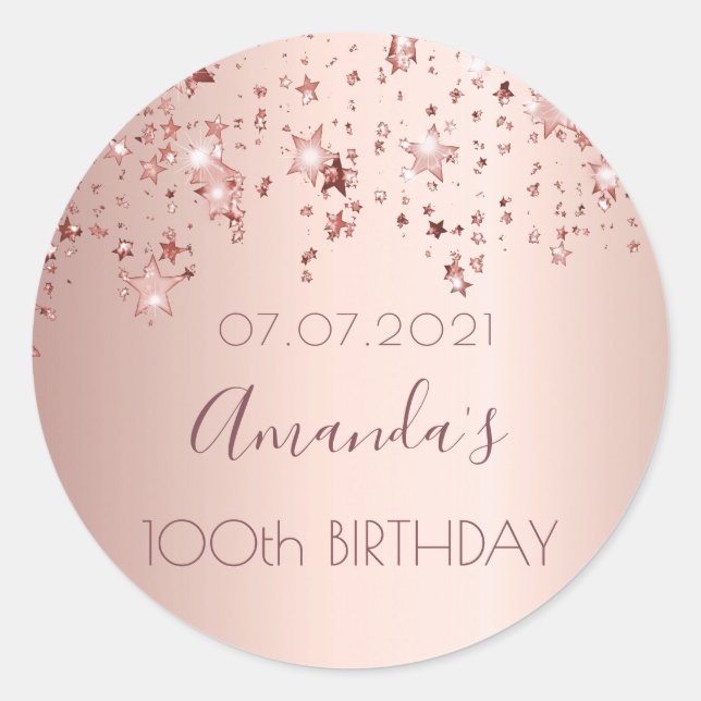 Sticker Rond 100e anniversaire rose or brillant étoiles (Devant)