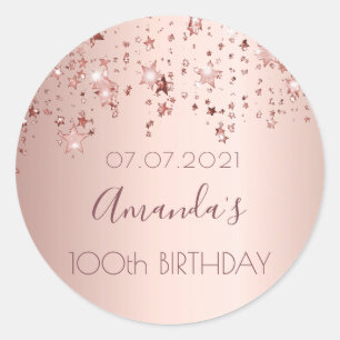 Sticker Rond 100e anniversaire rose or brillant étoiles