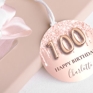 Sticker Rond 100e anniversaire rose or parties scintillant rose