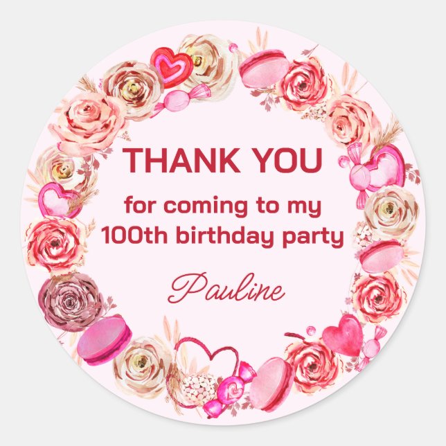 Sticker Rond 100e anniversaire Roses roses Tourbillonnant Coeur (Devant)