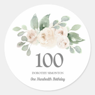 Sticker Rond 100e fête d'anniversaire Rose blanche Eucalyptus
