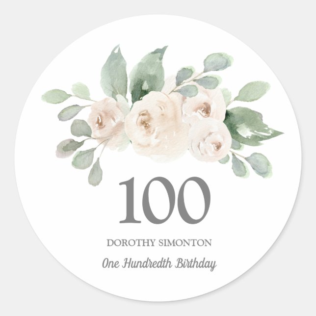 Sticker Rond 100e fête d'anniversaire Rose blanche Eucalyptus (Devant)