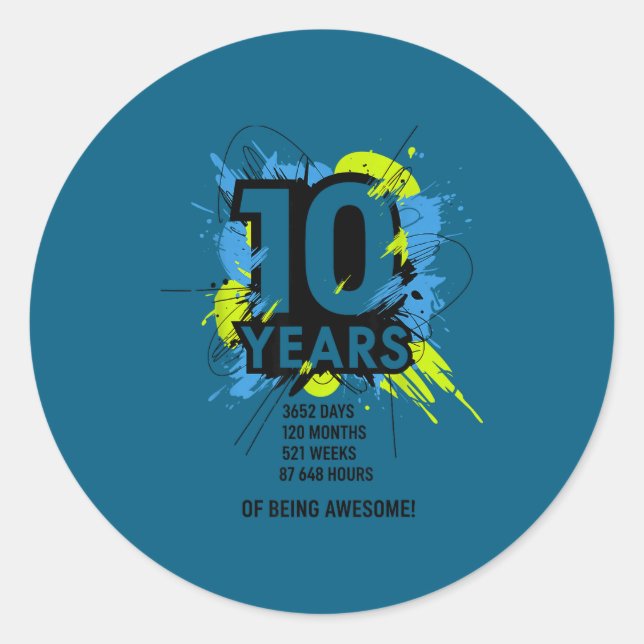 Sticker Rond 10 Years Of Being Awesome 10th Birthday Girl Boy D (Devant)