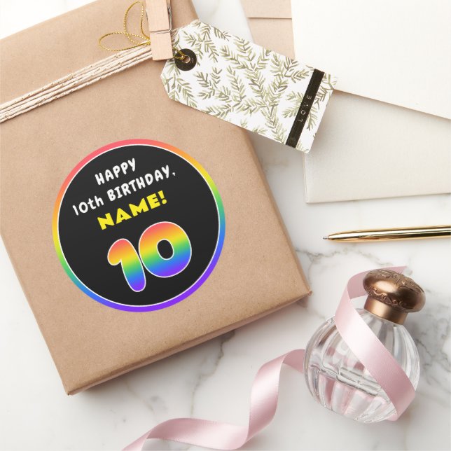 Sticker Rond 10e anniversaire : Arc-en-ciel coloré # 10, Nom pe (Cadeaux)