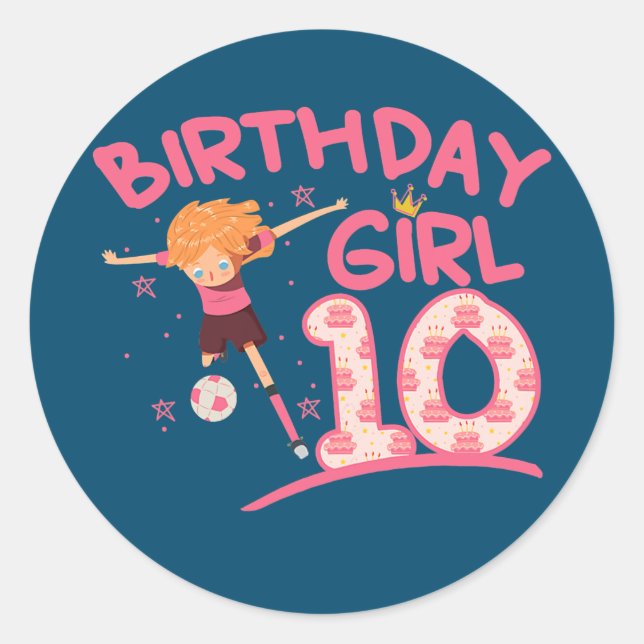 Sticker Rond 10e anniversaire fille jouant soccer enfants fille (Devant)