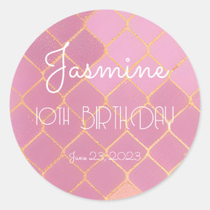 Sticker Rond 10e anniversaire fille rose Parties scintillant or