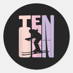 Sticker Rond 10e anniversaire Girl Retro Ski Lover Skier 10 ans