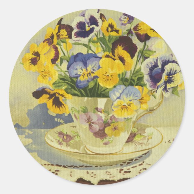 Sticker Rond 1187 Pansies dans la Teacup (Devant)