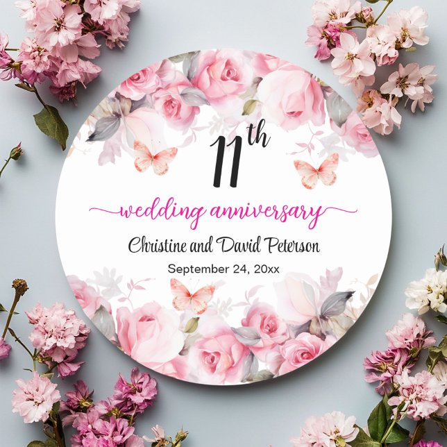 Sticker Rond 11e Anniversaire de Mariage Roses Fardées (Créateur téléchargé)
