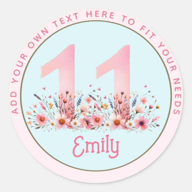 Sticker Rond 11e anniversaire Fairy Floral Pink Princess Fairyt (Devant)