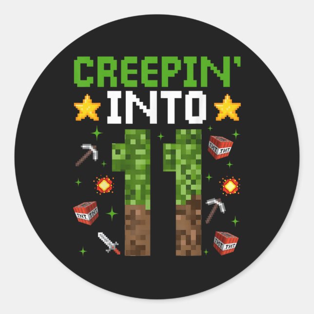 Sticker Rond 11e Anniversaire Gamer Pixel Creepin’ In 11 Vidéo  (Devant)