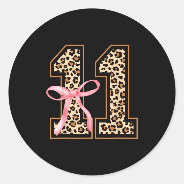 Sticker Rond 11th Birthday Girl Nk Coquette Bow Leopard 11 Year (Devant)