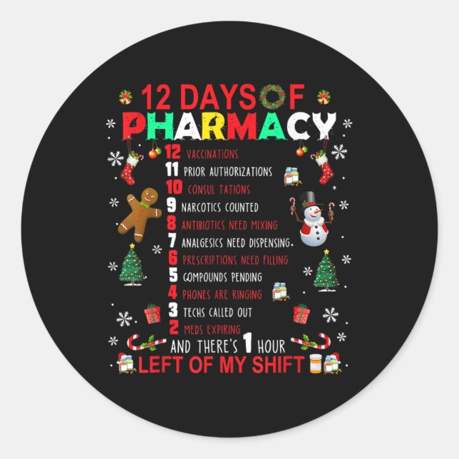 Sticker Rond 12 Days Of Pharmacy Funny Christmas Pharmacist Tec (Devant)