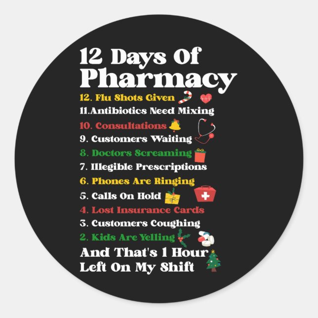 Sticker Rond 12 Jours de Pharmacie Funny Christmas Pharmacist T (Devant)