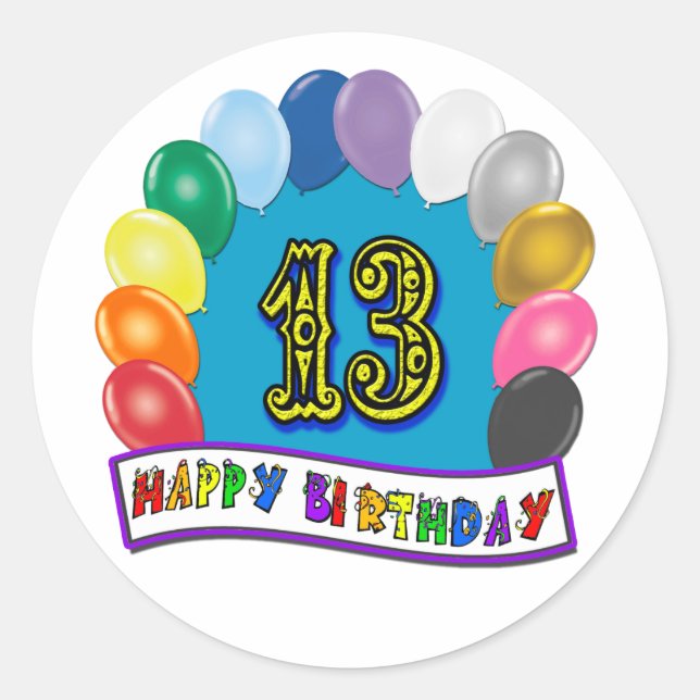 Sticker Rond 13e anniversaire Cadeaux avec ballons assortis Con (Devant)