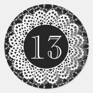 Sticker Rond 13e anniversaire noir et blanc Motif dentelle V13