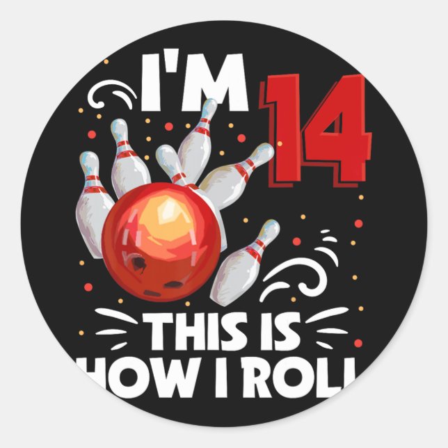 Sticker Rond 14e anniversaire Boy Bowling C'est comment je roul (Devant)