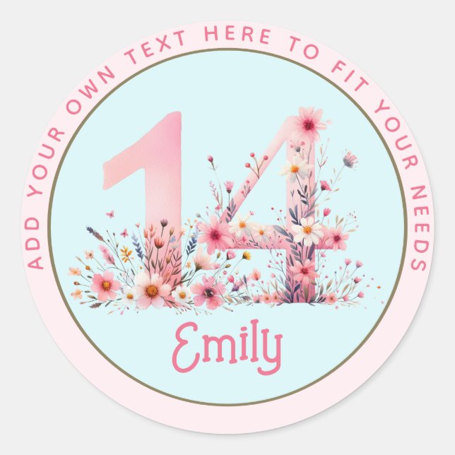 Sticker Rond 14e anniversaire Fairy Floral Pink Princess Fairyt (Devant)