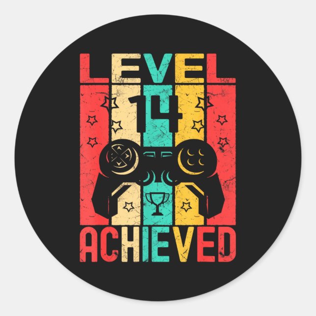 Sticker Rond 14th Birthday Level 14 Achieved Gamer Funny Birthd (Devant)