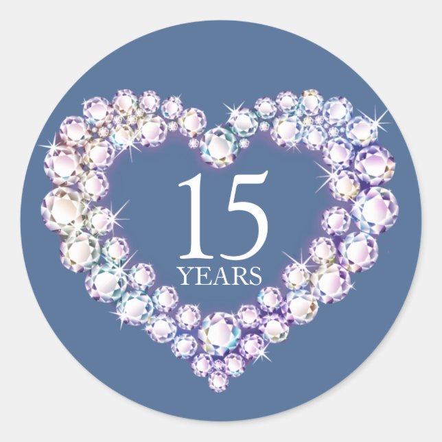 Sticker Rond 15 ans cristal anniversaire coeur bleu (Devant)