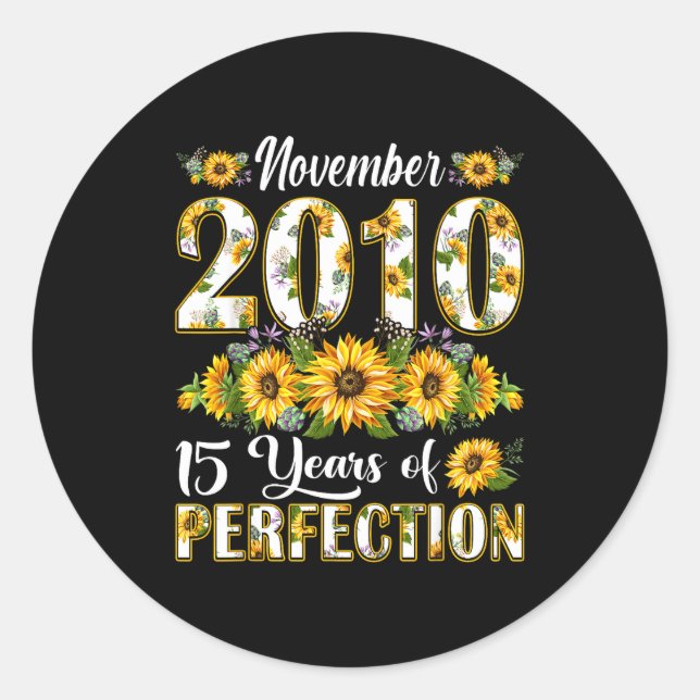 Sticker Rond 15 Year Old November 2010 Sunflower 15th Birthday  (Devant)