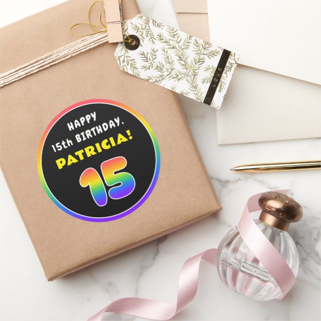 Sticker Rond 15e anniversaire : Arc-en-ciel coloré # 15, Nom pe (Cadeaux)