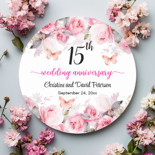 Sticker Rond 15e Anniversaire de Mariage de Cristal Roses Blush