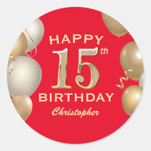 Sticker Rond 15e Anniversaire des Ballons Rouge et Or