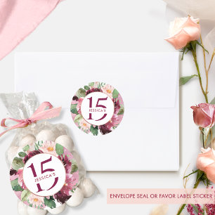 Sticker Rond 15e anniversaire (ou autre), floral bordeaux