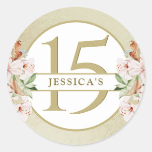 Sticker Rond 15e anniversaire (ou autre), floral or champagne