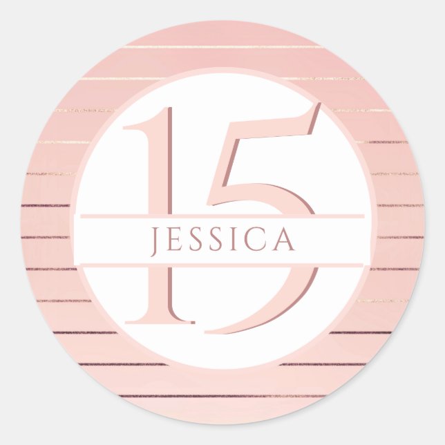 Sticker Rond 15e anniversaire (ou autre), Pink Gold Stripes (Devant)