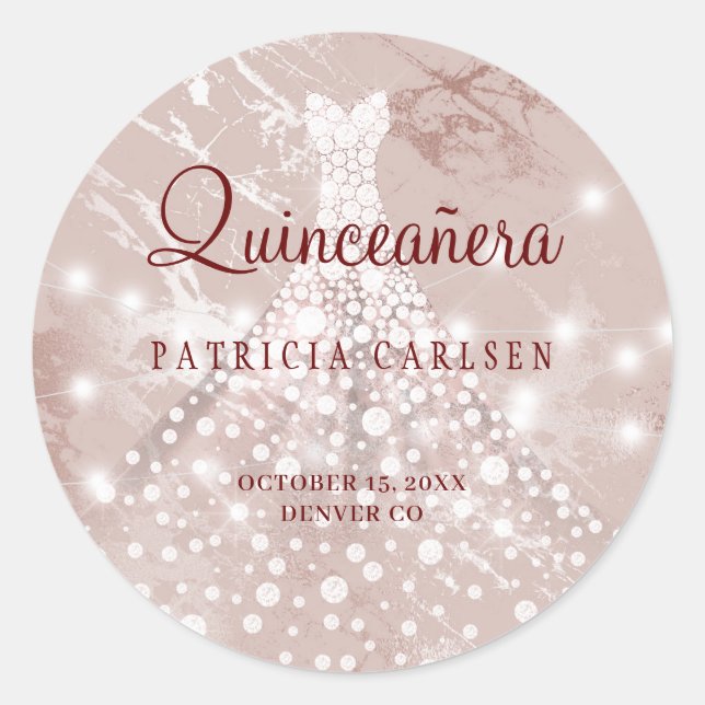 Sticker Rond 15e anniversaire quinceanera rose or parties scint (Devant)