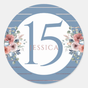 Sticker Rond 15e (ou autre) Anniversaire, Bleu et Or Rose