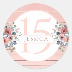 Sticker Rond 15e (ou autre) Anniversaire Bleu et or Rose Floral