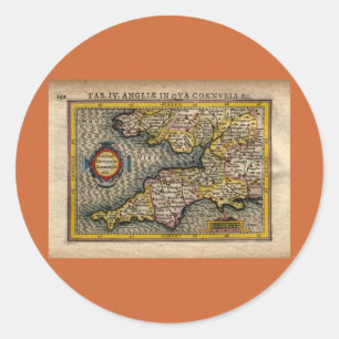 Sticker Rond 1610 Carte de Cornouailles, Devon, Somerset, etc..