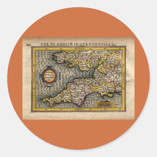 Sticker Rond 1610 Carte de Cornouailles, Devon, Somerset, etc.. (Devant)