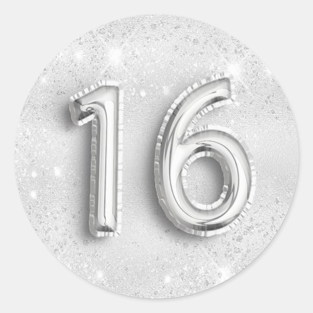 Sticker Rond 16e anniversaire argent parties scintillant numéro (Devant)