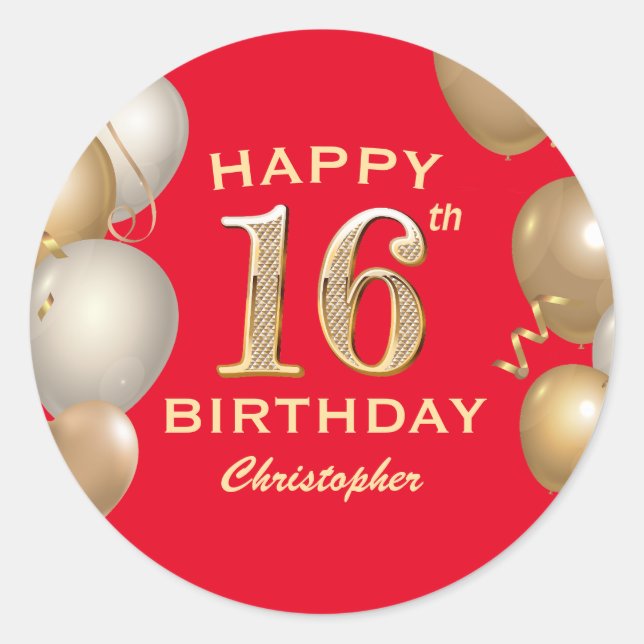Sticker Rond 16e Anniversaire des Ballons Rouge et Or (Devant)