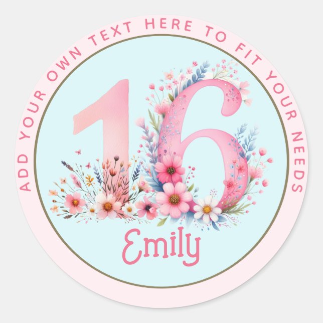 Sticker Rond 16e anniversaire Fairy Floral Pink Princess Fairyt (Devant)