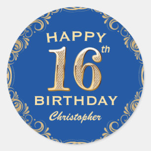 Sticker Rond 16e anniversaire Parties scintillant bleue et or c